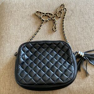 GENUINE LEATHER black quilted cross-body chain strap tassel VINTAGE purse charm